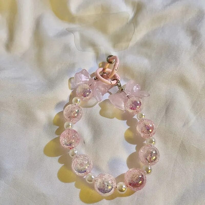 Korean Charm Bow mobiliojo telefono grandinėlė moterims, mergaitėms, telefono apyrankių dirželis, juodas akrilo perlų karoliukais telefono dirželis, raktų dirželis