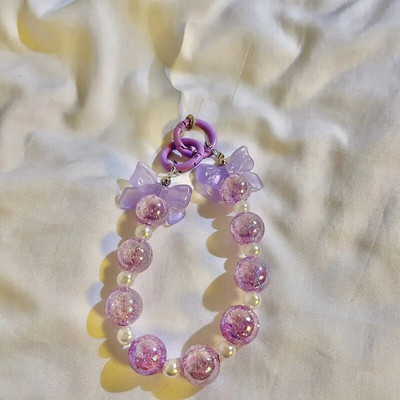 Korean Charm Bow mobiliojo telefono grandinėlė moterims, mergaitėms, telefono apyrankių dirželis, juodas akrilo perlų karoliukais telefono dirželis, raktų dirželis