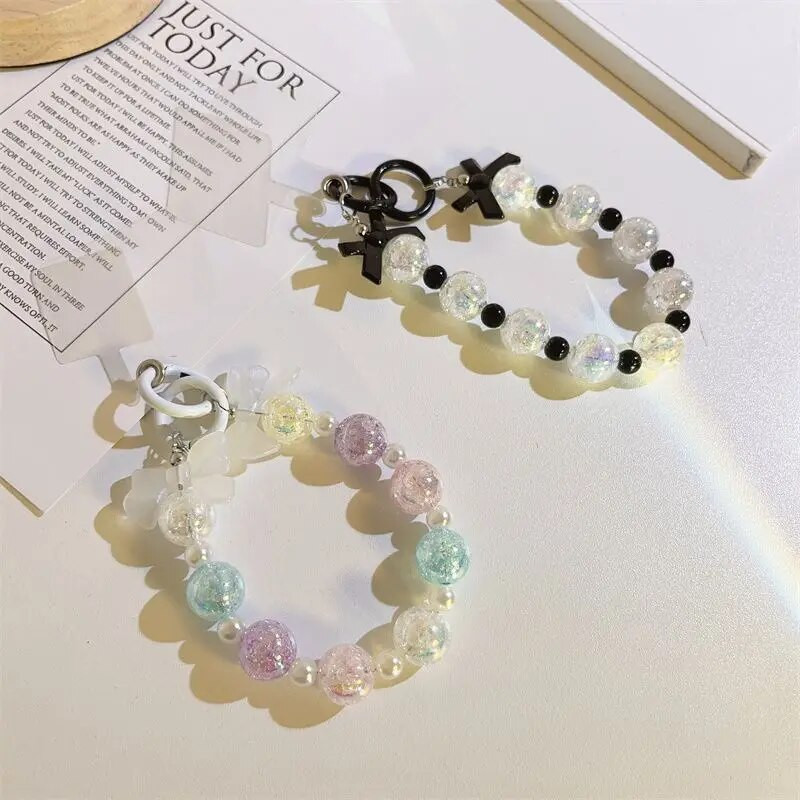 Korean Charm Bow mobiliojo telefono grandinėlė moterims, mergaitėms, telefono apyrankių dirželis, juodas akrilo perlų karoliukais telefono dirželis, raktų dirželis