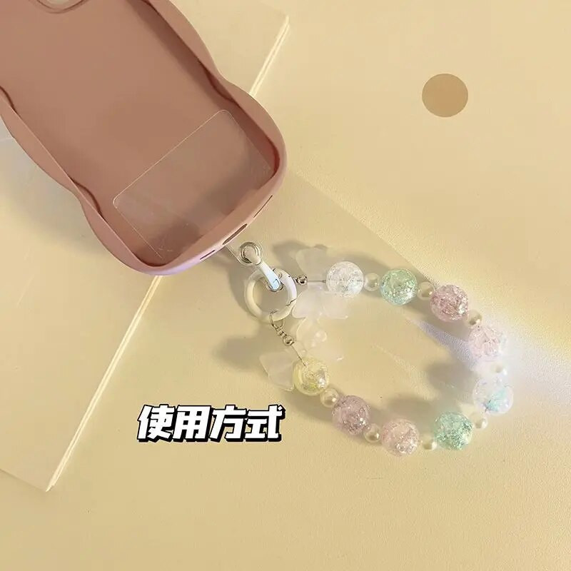 Korean Charm Bow mobiliojo telefono grandinėlė moterims, mergaitėms, telefono apyrankių dirželis, juodas akrilo perlų karoliukais telefono dirželis, raktų dirželis