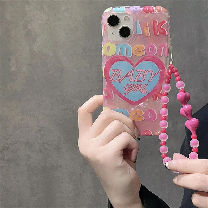 Korejiešu vienkāršā rozā mīlestības sirds, matēta fāzēm tālruņa ķēde iPhone tālrunim, sievietēm, meitenēm, saldu rotaslietu siksniņa