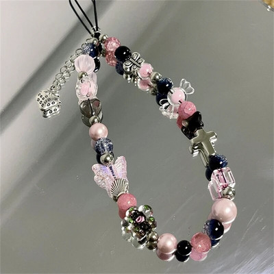 Coreea Y2K cruce roz cu mărgele fluture brățară telefon lanț pandantiv pentru iPhone 14Pro universal accesorii lanț bijuterii elegante