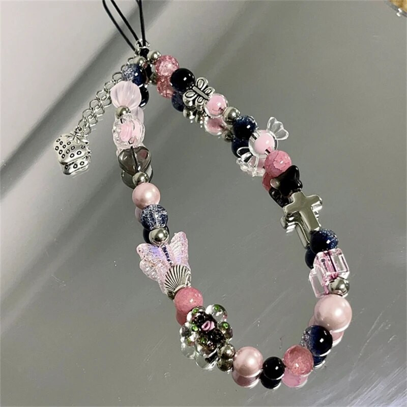 Korėjos Y2K kryžminio rožinio karoliukais drugelio apyrankės telefono grandinės pakabukas, skirtas iPhone 14Pro universaliems priedams grandinės stilingi papuošalai