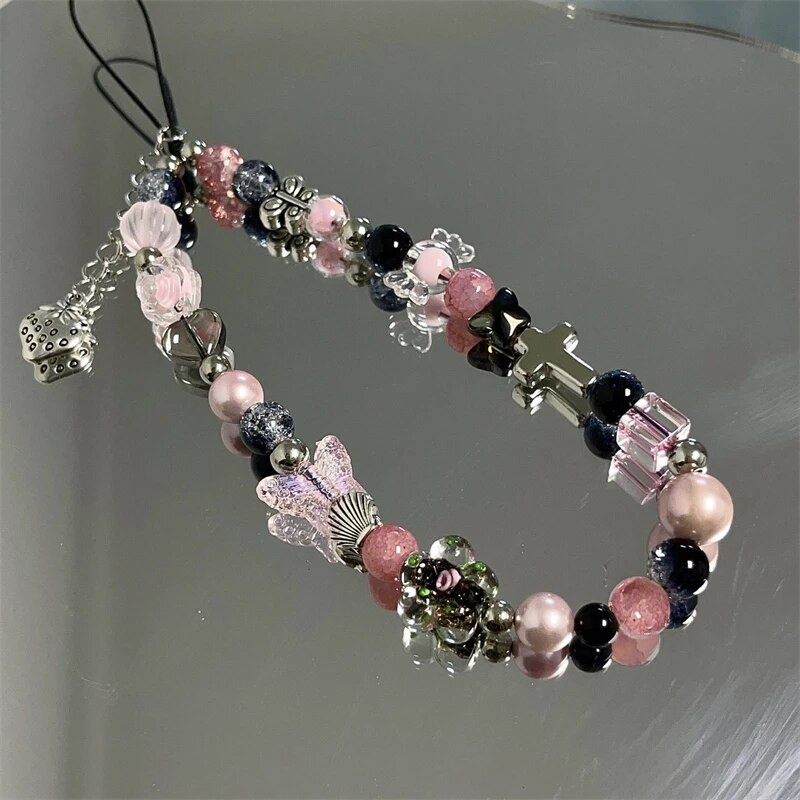 Korėjos Y2K kryžminio rožinio karoliukais drugelio apyrankės telefono grandinės pakabukas, skirtas iPhone 14Pro universaliems priedams grandinės stilingi papuošalai