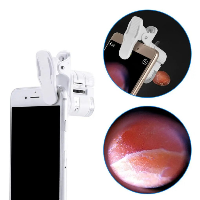 60X mobilā tālruņa mikroskops, piespraužams augstas izšķirtspējas platleņķa palielināms stikls, mobilo tālruņu regulēts kabatas palielinātājs