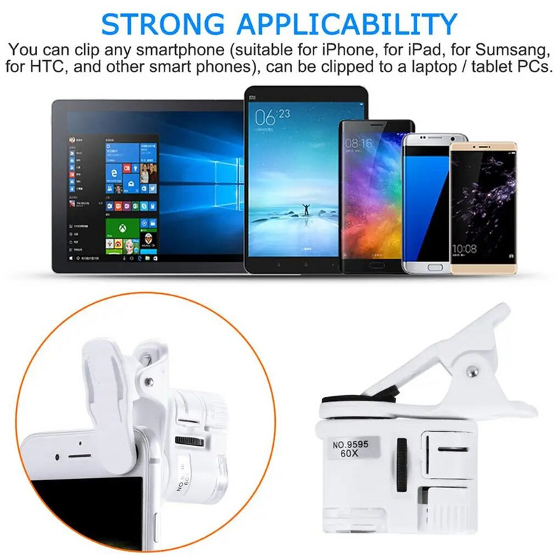 60X mobilā tālruņa mikroskops, piespraužams augstas izšķirtspējas platleņķa palielināms stikls, mobilo tālruņu regulēts kabatas palielinātājs