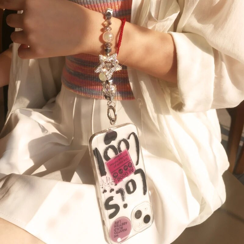 Mobilā tālruņa virves īsa pentagrammas plaukstas ķēde, pilna ar dimantiem luksusa kristāla pērlītēm, virves mobilā telefona futrālis pret pazaudēšanu