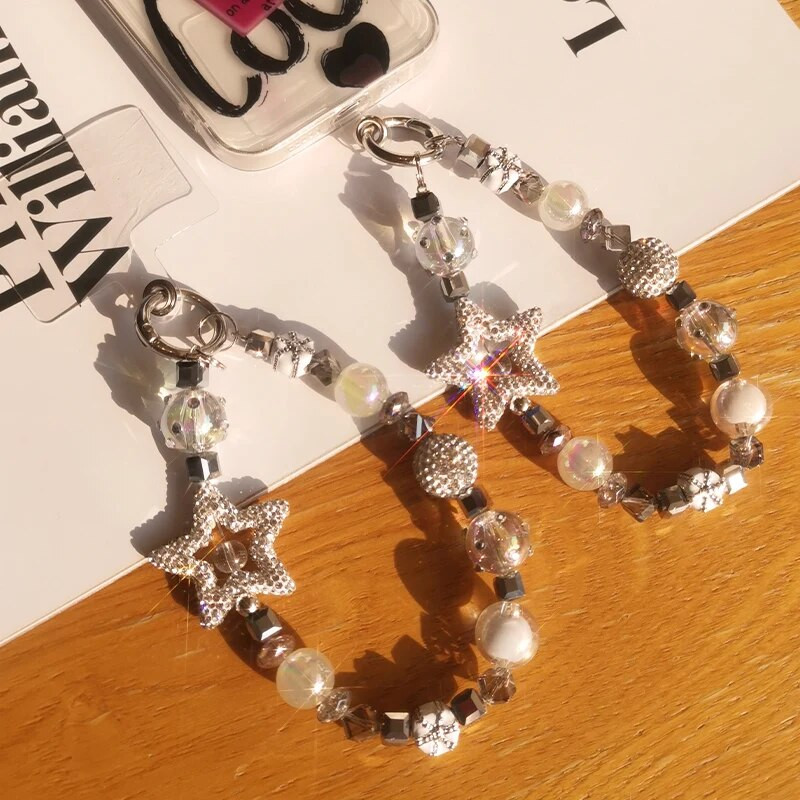 Mobilā tālruņa virves īsa pentagrammas plaukstas ķēde, pilna ar dimantiem luksusa kristāla pērlītēm, virves mobilā telefona futrālis pret pazaudēšanu