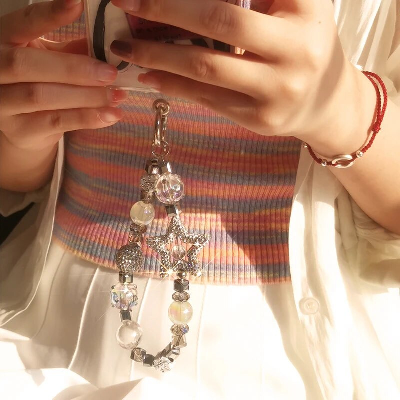 Mobilā tālruņa virves īsa pentagrammas plaukstas ķēde, pilna ar dimantiem luksusa kristāla pērlītēm, virves mobilā telefona futrālis pret pazaudēšanu