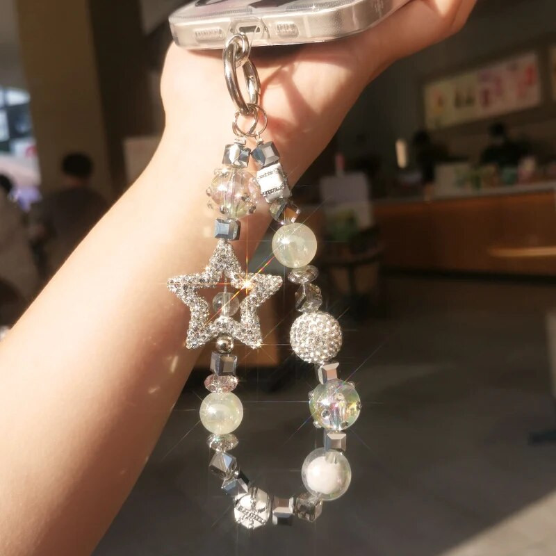 Mobilā tālruņa virves īsa pentagrammas plaukstas ķēde, pilna ar dimantiem luksusa kristāla pērlītēm, virves mobilā telefona futrālis pret pazaudēšanu