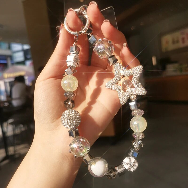 Mobilā tālruņa virves īsa pentagrammas plaukstas ķēde, pilna ar dimantiem luksusa kristāla pērlītēm, virves mobilā telefona futrālis pret pazaudēšanu