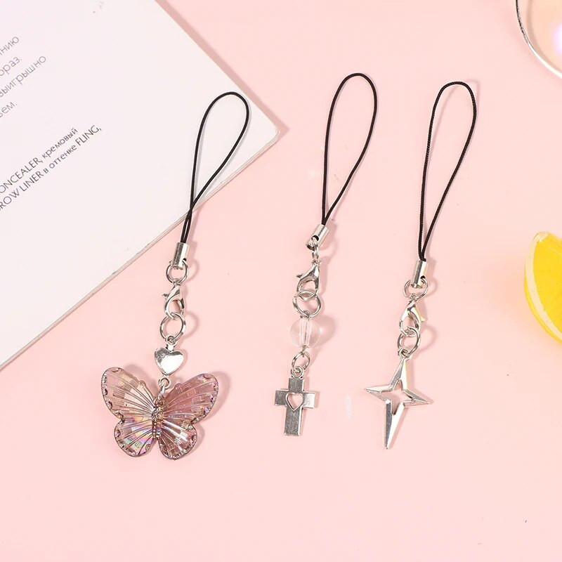 Κρεμαστό κορδόνι τηλεφώνου Butterfly Star Cross Y2k για κορίτσια Μινιμαλιστικά λουριά κινητού τηλεφώνου Διακόσμηση μπρελόκ