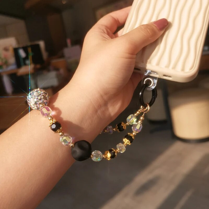 Mobiiltelefonipael täieliku teemant-must-kuldkristallhelmestega, kaotsiminekuvastaste paeltega, lühikesed värvilised teemant-vääriskividest randmekäevõrud