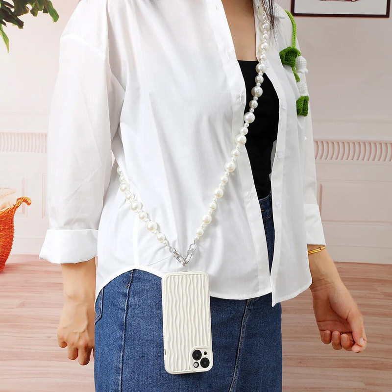 Jauna ABS Pearl Crossbody kaklarota aukla 120cm soma ķēde Fashion Ins Korea iPhone 14Promax Bead roku darbs ar slīdēšanas karti