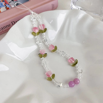 Salda, jauka tulpju ziedi ar pērlītēm mobilā telefona piekariņa siksniņa sievietēm Modes tālruņa ķēde pret pazaudēšanu štrope rotaslietas telefona kulons