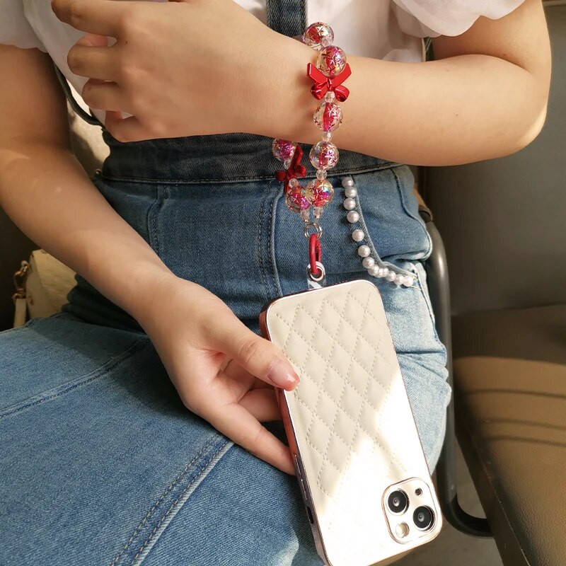 Uzica za mobilni telefon Kratki ručno rađeni privjesak od perli sa blistavim okruglim perlama u boji Čvrsta telefonska torbica koja se ne gubi na užetu