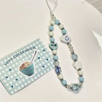 INS Star Pearl Blue Bead Phone Chain Модерна висулка за момиче Бижута Анти-загубена каишка Каишка Калъф за мобилен телефон с мъниста Висящ кабел