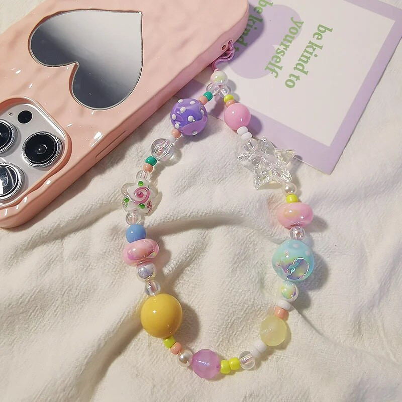 Grafiti krāsainu pērlīšu zvaigžņu rokassprādze Mobilā telefona aukla Sieviešu īsa plaukstas kulons Universāls pret pazaudēšanu sānu aukla atslēgām