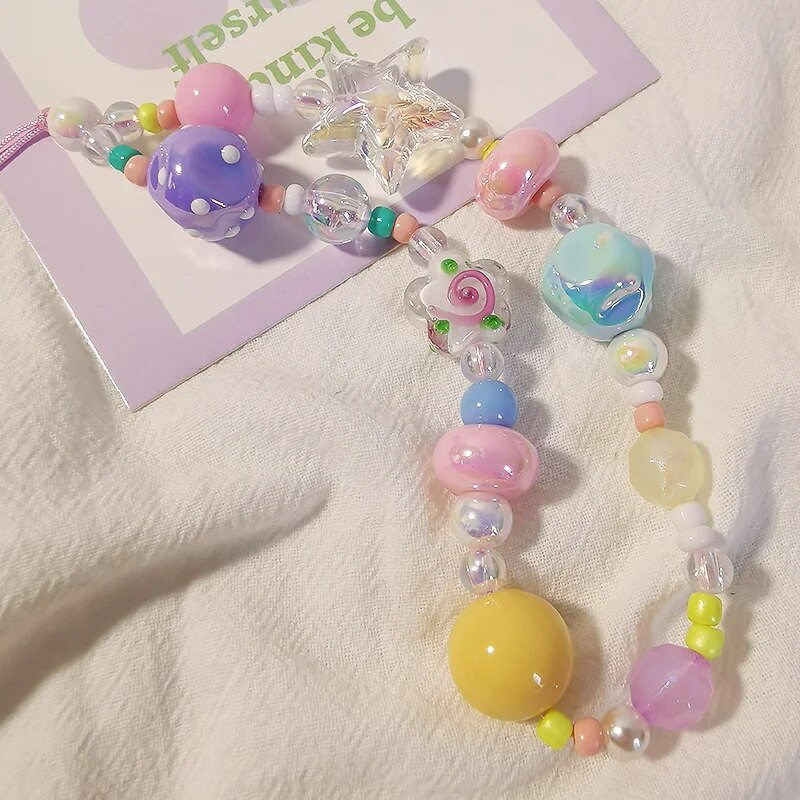 Grafiti krāsainu pērlīšu zvaigžņu rokassprādze Mobilā telefona aukla Sieviešu īsa plaukstas kulons Universāls pret pazaudēšanu sānu aukla atslēgām