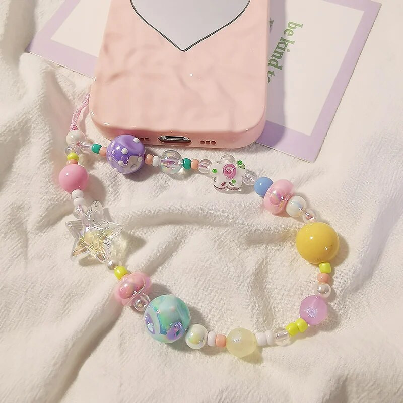 Grafiti krāsainu pērlīšu zvaigžņu rokassprādze Mobilā telefona aukla Sieviešu īsa plaukstas kulons Universāls pret pazaudēšanu sānu aukla atslēgām