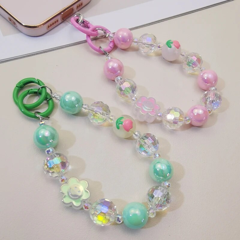 Kratki lančić za zapešće Ručno izrađeni smajlići s perlama, cvijet, dijamantni privjesak u obliku perli, Uzica za mobilni telefon, univerzalna remen protiv gubitka