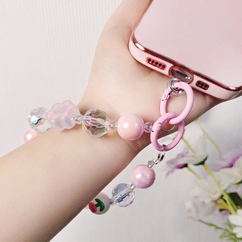 Kratki lančić za zapešće Ručno izrađeni smajlići s perlama, cvijet, dijamantni privjesak u obliku perli, Uzica za mobilni telefon, univerzalna remen protiv gubitka