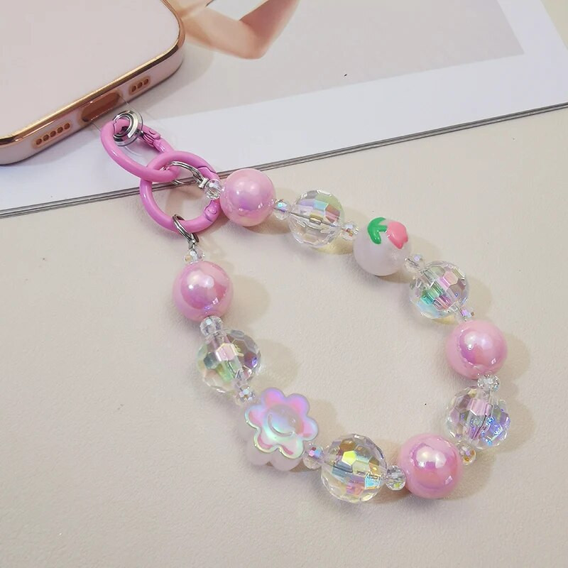 Kratki lančić za zapešće Ručno izrađeni smajlići s perlama, cvijet, dijamantni privjesak u obliku perli, Uzica za mobilni telefon, univerzalna remen protiv gubitka