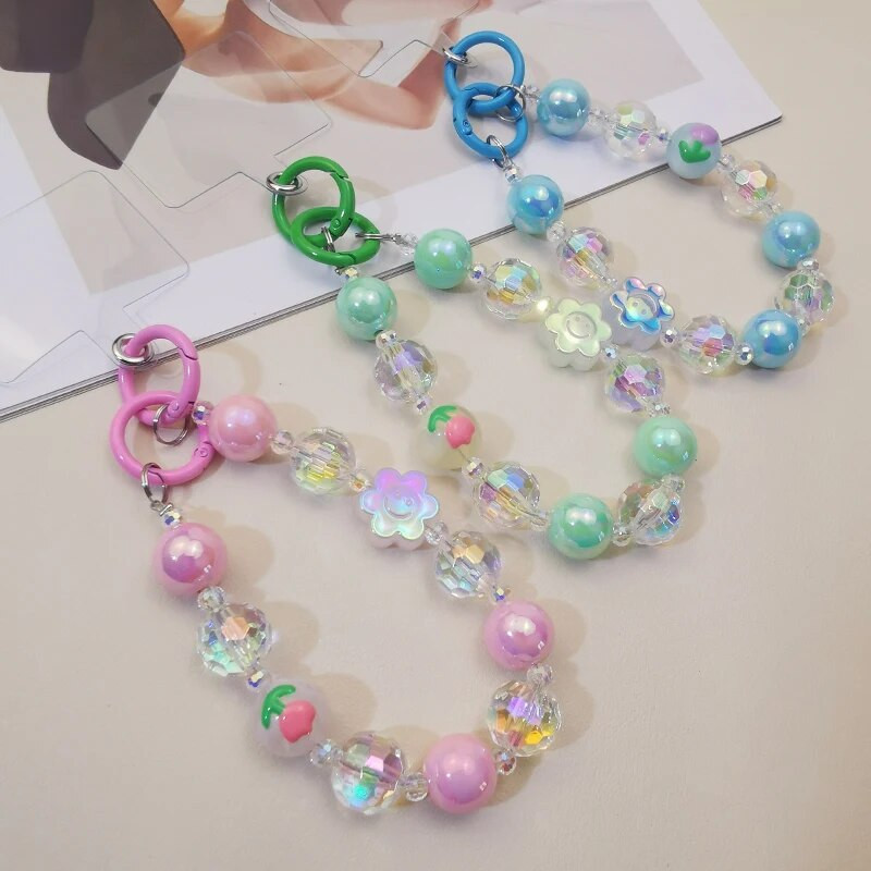 Kratki lančić za zapešće Ručno izrađeni smajlići s perlama, cvijet, dijamantni privjesak u obliku perli, Uzica za mobilni telefon, univerzalna remen protiv gubitka