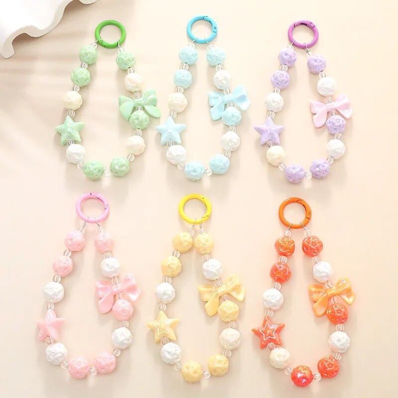 Ιμάντες κινητού τηλεφώνου Καραμέλα έγχρωμες χάντρες Φθορίζον πεντάκτινο αστέρι Bowknot Γούρι κινητής αλυσίδας για γυναίκες κορίτσια