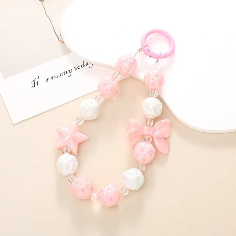 Ιμάντες κινητού τηλεφώνου Καραμέλα έγχρωμες χάντρες Φθορίζον πεντάκτινο αστέρι Bowknot Γούρι κινητής αλυσίδας για γυναίκες κορίτσια