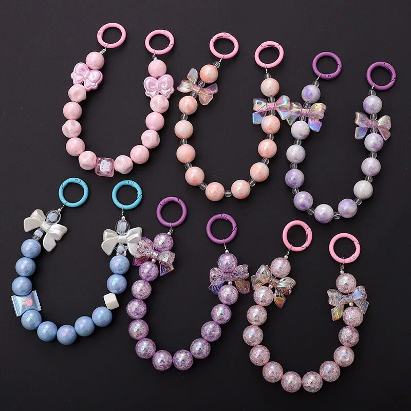 Salda krāsaina akrila tālruņa ķēde, siksna, loki, apaļas krelles, mobilā tālruņa ķēde sievietēm, meitenēm, mobilā tālruņa aukla dzimšanas dienas dāvana