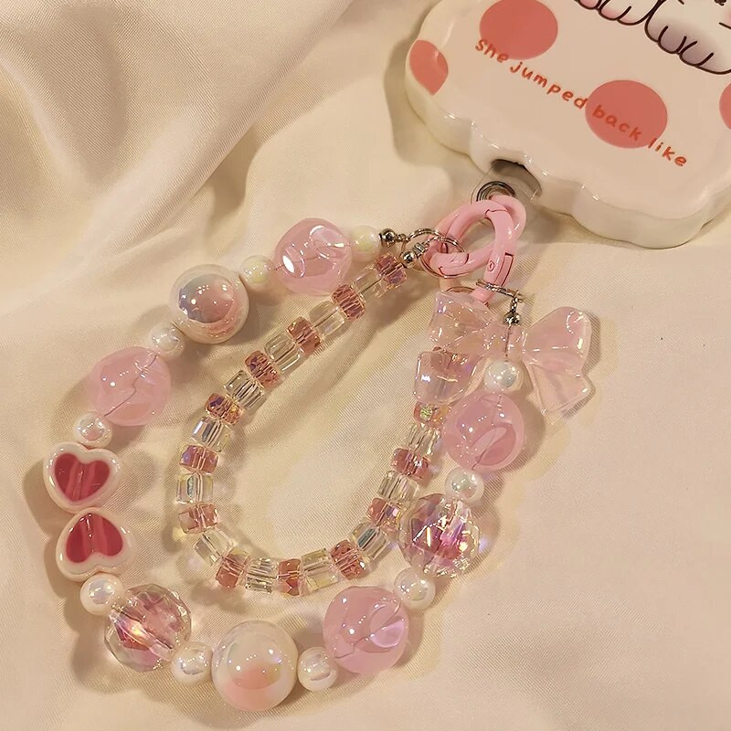 Īsa stila plaukstas ķēde mobilā tālruņa aukla Love ar rokām izgatavota fāzēm priekšgala ķēde kvadrātveida kristāla pērle ar dubultu ķēdi sieviešu kulons