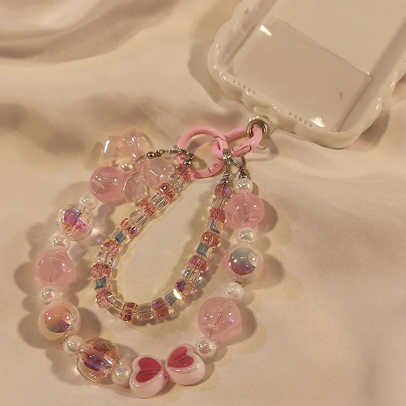 Īsa stila plaukstas ķēde mobilā tālruņa aukla Love ar rokām izgatavota fāzēm priekšgala ķēde kvadrātveida kristāla pērle ar dubultu ķēdi sieviešu kulons