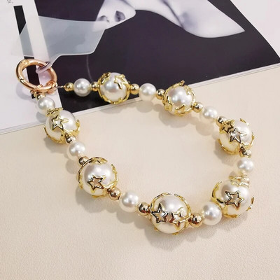 Mobilā telefona auklas īss plaukstas kulons Piecpunktu zvaigžņu pērļu virknes ķēde, doba piekārta, universāls tālruņa korpuss pret pazaudēšanu