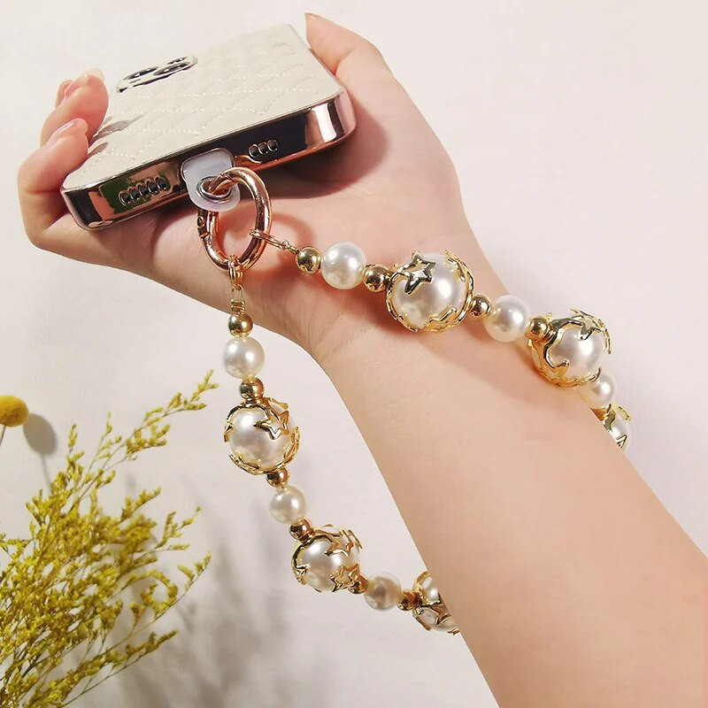 Mobilā telefona auklas īss plaukstas kulons Piecpunktu zvaigžņu pērļu virknes ķēde, doba piekārta, universāls tālruņa korpuss pret pazaudēšanu