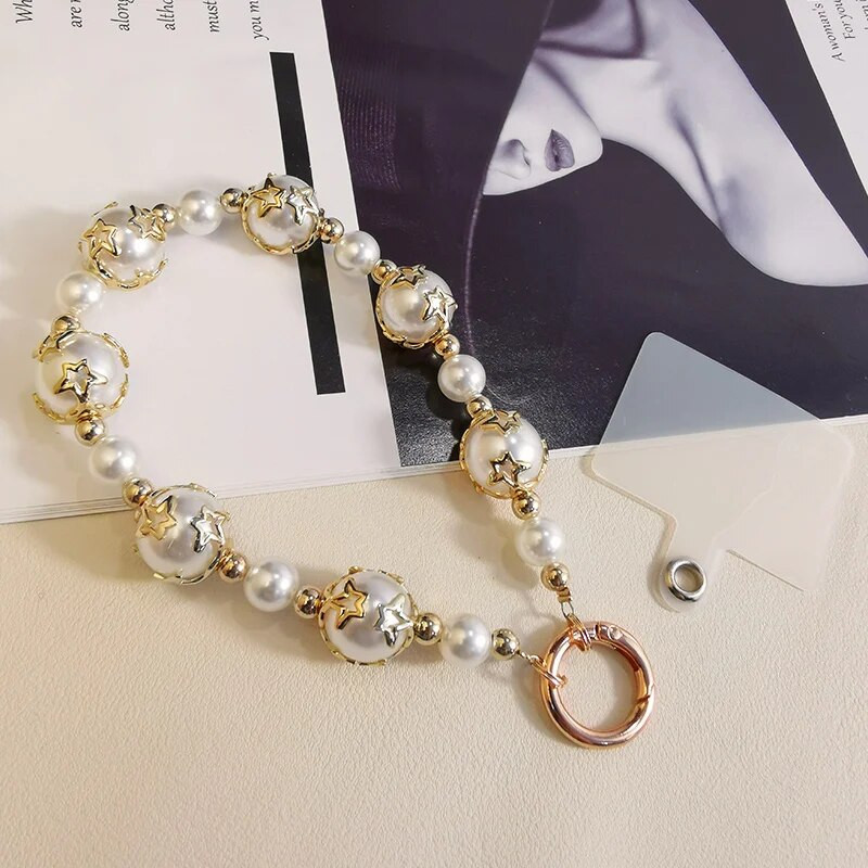 Mobilā telefona auklas īss plaukstas kulons Piecpunktu zvaigžņu pērļu virknes ķēde, doba piekārta, universāls tālruņa korpuss pret pazaudēšanu