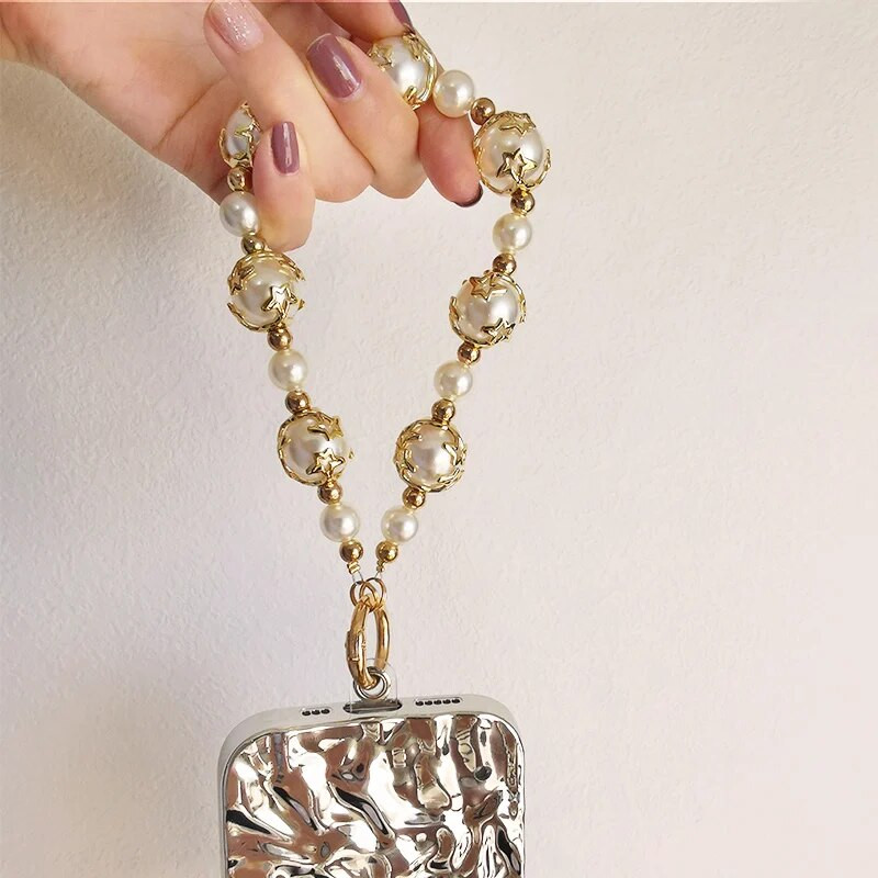 Mobilā telefona auklas īss plaukstas kulons Piecpunktu zvaigžņu pērļu virknes ķēde, doba piekārta, universāls tālruņa korpuss pret pazaudēšanu