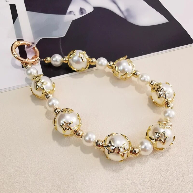 Mobilā telefona auklas īss plaukstas kulons Piecpunktu zvaigžņu pērļu virknes ķēde, doba piekārta, universāls tālruņa korpuss pret pazaudēšanu