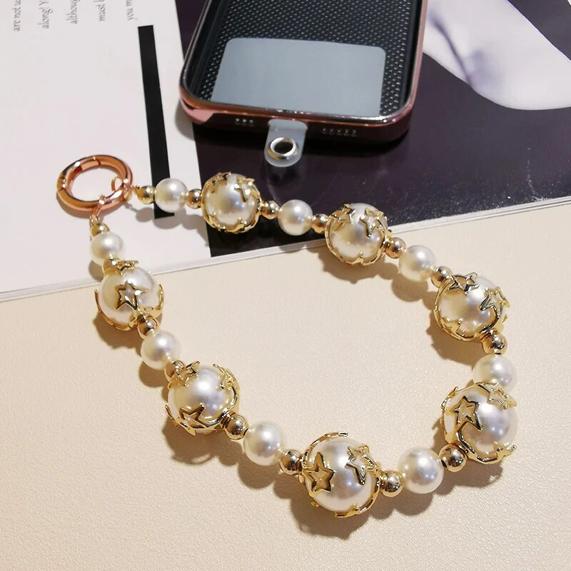 Mobilā telefona auklas īss plaukstas kulons Piecpunktu zvaigžņu pērļu virknes ķēde, doba piekārta, universāls tālruņa korpuss pret pazaudēšanu