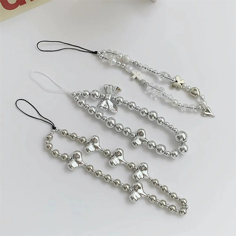 Srebrna narukvica s ljubavnim srcem i perlama u obliku užeta za telefon Lanac za telefon Otporan na udarce privjesak za mobilni telefon narukvica za uže