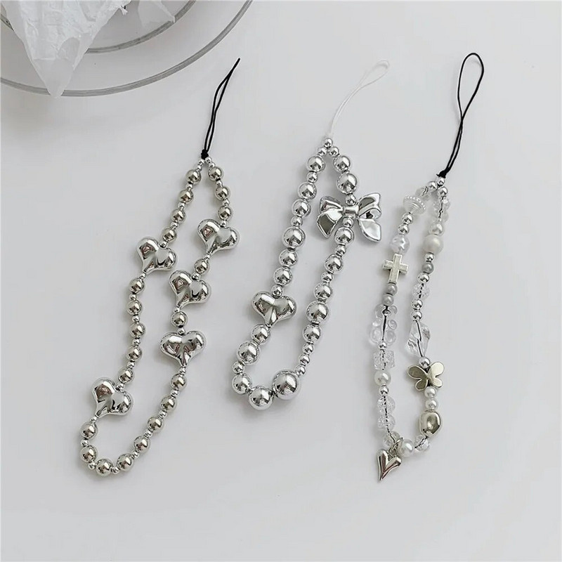 Srebrna narukvica s ljubavnim srcem i perlama u obliku užeta za telefon Lanac za telefon Otporan na udarce privjesak za mobilni telefon narukvica za uže