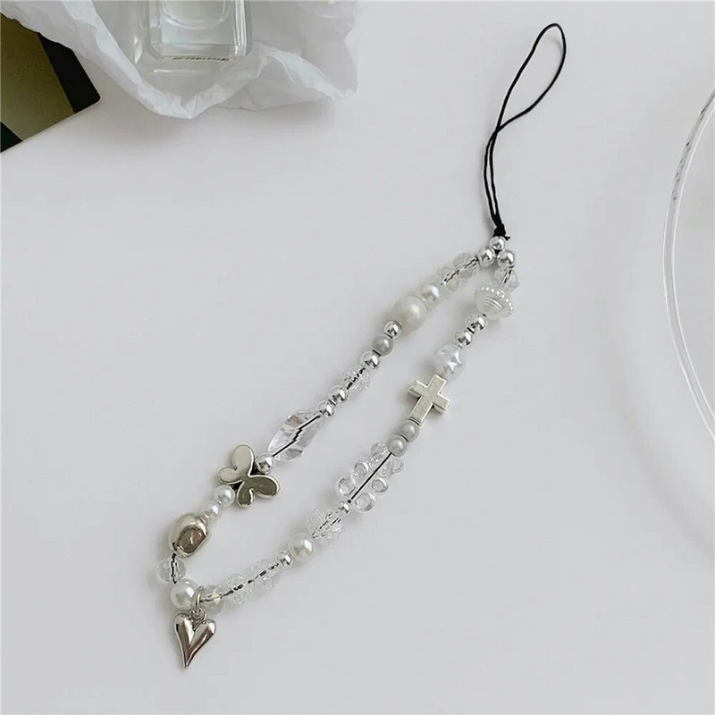 Srebrna narukvica s ljubavnim srcem i perlama u obliku užeta za telefon Lanac za telefon Otporan na udarce privjesak za mobilni telefon narukvica za uže