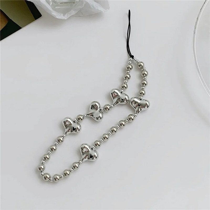 Srebrna narukvica s ljubavnim srcem i perlama u obliku užeta za telefon Lanac za telefon Otporan na udarce privjesak za mobilni telefon narukvica za uže