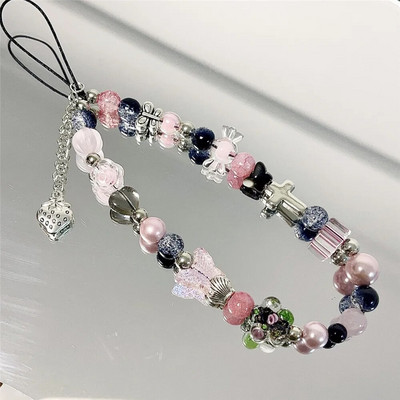 Girly Love Heart Purpura Rozā kulons Tālruņa ķēde Pret Lost Siksna Akrila Abacus Pērlītēm