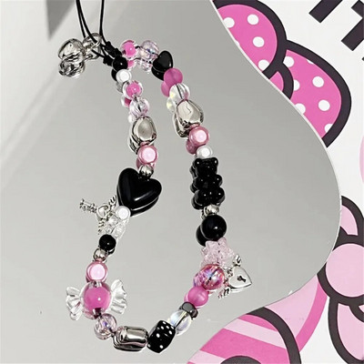 Girly Love Heart Purpura Rozā kulons Tālruņa ķēde Pret Lost Siksna Akrila Abacus Pērlītēm