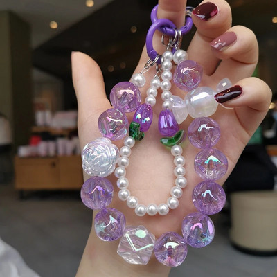 Κοντή θήκη τηλεφώνου Universal Anti Loss Landyard Λουράκι κινητού τηλεφώνου Αλυσίδα καρπού Πολύχρωμες στρογγυλές χάντρες Χειροποίητο μενταγιόν με μαργαριτάρι με χάντρες