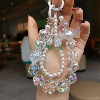 Κοντή θήκη τηλεφώνου Universal Anti Loss Landyard Λουράκι κινητού τηλεφώνου Αλυσίδα καρπού Πολύχρωμες στρογγυλές χάντρες Χειροποίητο μενταγιόν με μαργαριτάρι με χάντρες