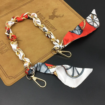 Zīda Šalle Lente Rokassomu Aksesuāri Ķēde Mode Šalle Metāla Ķēdes Rokturis Somas dekors Bow Daudzfunkcionāla Lente Rokassomas siksna