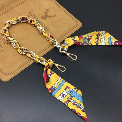 Zīda Šalle Lente Rokassomu Aksesuāri Ķēde Mode Šalle Metāla Ķēdes Rokturis Somas dekors Bow Daudzfunkcionāla Lente Rokassomas siksna