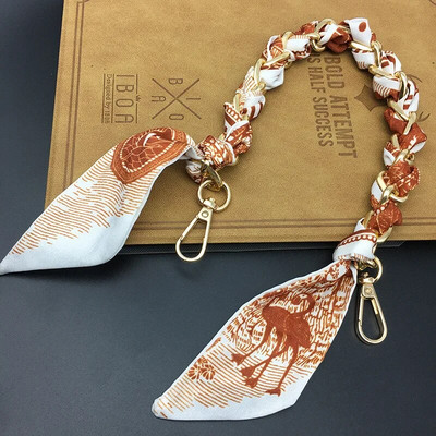 Zīda Šalle Lente Rokassomu Aksesuāri Ķēde Mode Šalle Metāla Ķēdes Rokturis Somas dekors Bow Daudzfunkcionāla Lente Rokassomas siksna